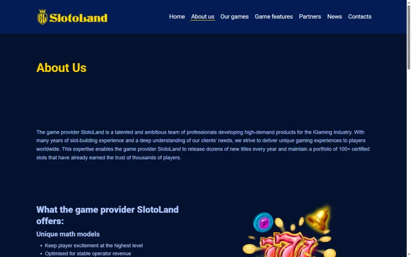 Сторінка About us сайту slotoland.games: студія називає себе game provider для індустрії iGaming, заявляє 100+ сертифікованих слотів і окремо — оптимізацію під дохід оператора
